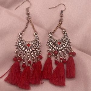 Rose Gold Red Tassel Gypsy Bohemian Fringe Drop Pierced Earrings